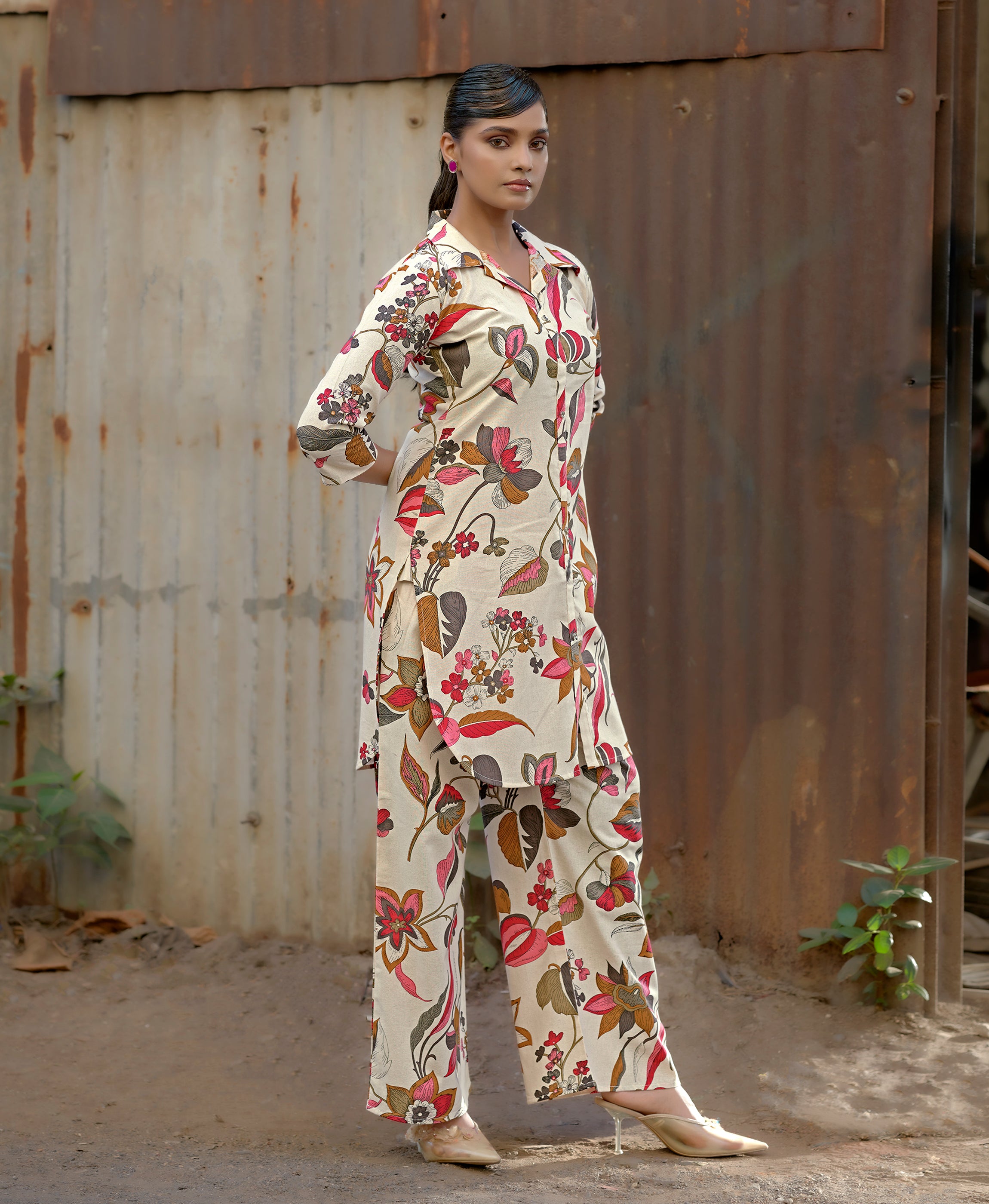 Cream Khadi Cotton Full Length Floral & Leaf Printed Co-ord Set